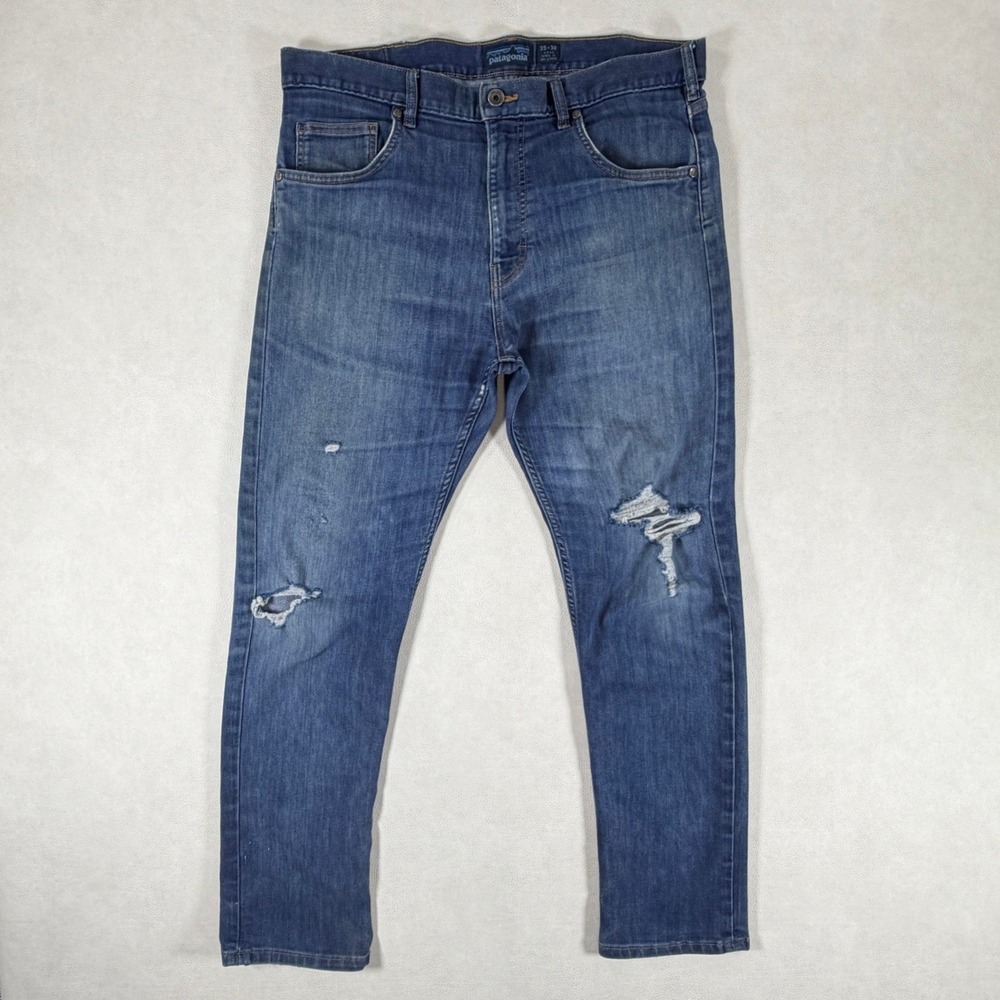 Patagonia Mens Straight Fit Stretch Jeans 35x30 Blue Distressed Organic Cotton